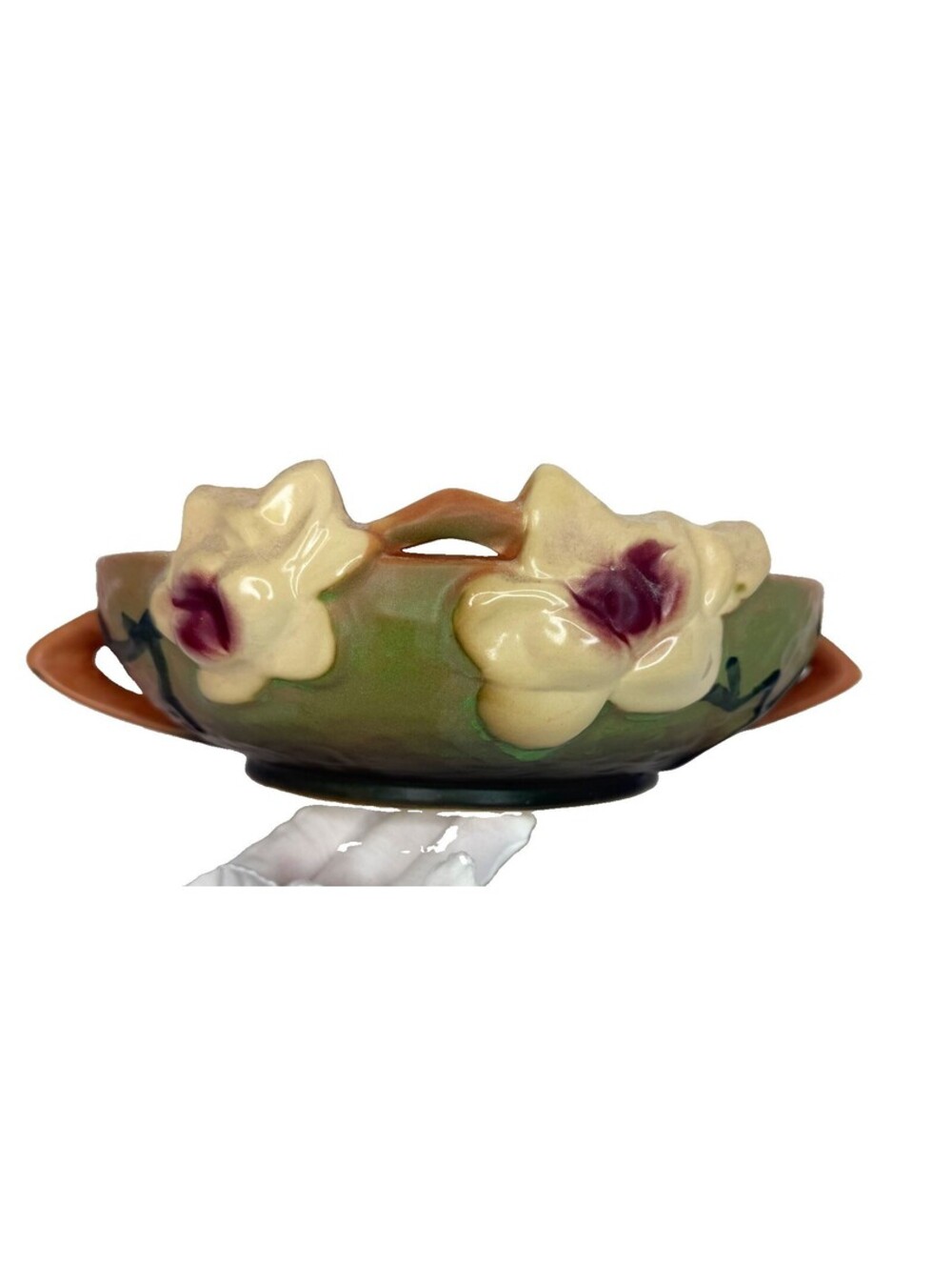 Vintage Roseville Inspired Pottery  Magnolia Console Bowl Green Two Handled